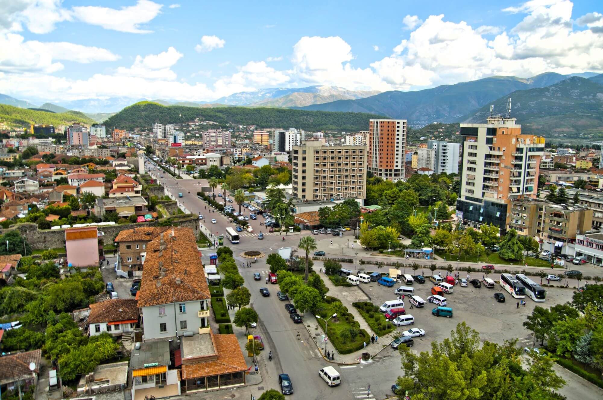 Modern apartment buildings and houses in Elbasan  showcasing beautiful real estate properties